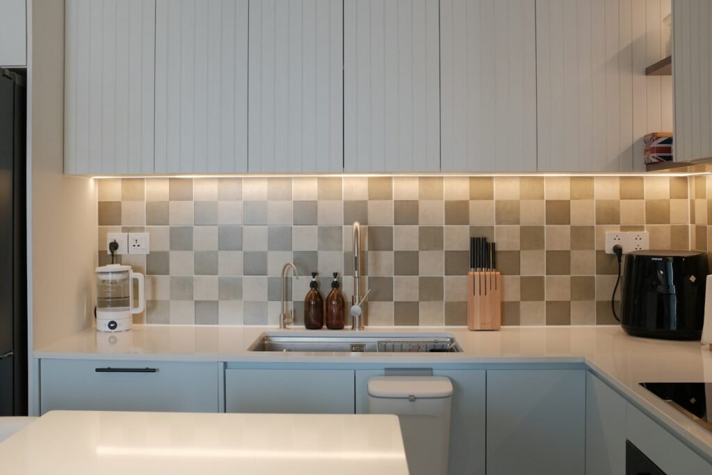 Kitchen with fridge and sink
